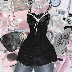 VINTAGE Y2K Linea Donatella Women's Micro Mesh and Satin Black Dress w Lace